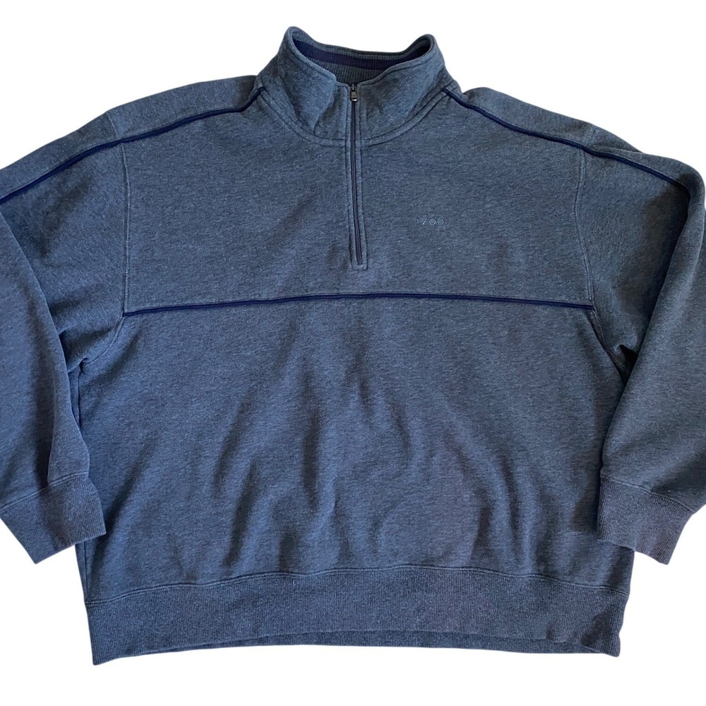 IZOD Mens XXL Gray Navy Piped Fleece Quarter Zip Pullover Sweatshirt - Picture 7 of 10